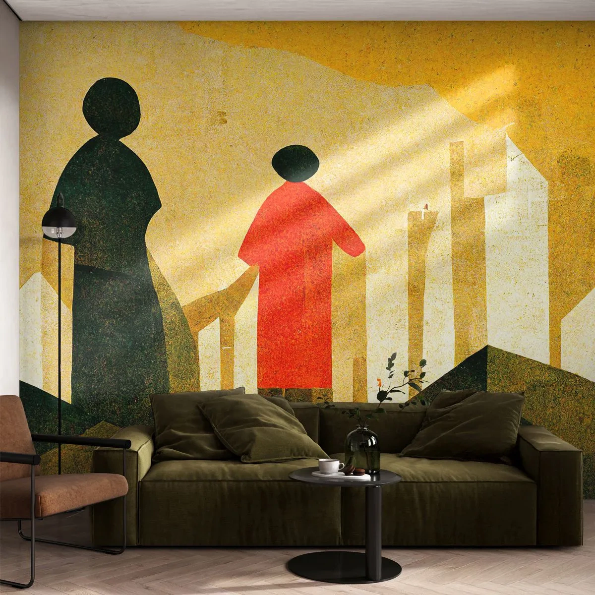 Fototapete Premium Sand - Geometrische Figuren vor einem Hintergrund aus gelben Hügeln und Säulen - 100x70cm - Es ist noch ein langer Weg - Moderne Wanddekoration für Wohnzimmer und Schlafzimmer ARTTOR