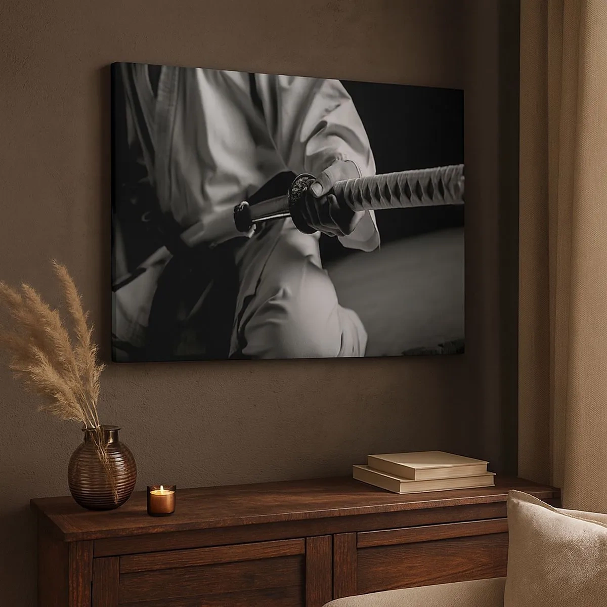 Bild auf Leinwand - Leinwandbild - Ein Samurai im Kimono hält ein Katana in Schwarz und Weiß. - 70x50cm - Kriegerseele - Moderne Wanddekoration für Wohnzimmer und Schlafzimmer ARTTOR