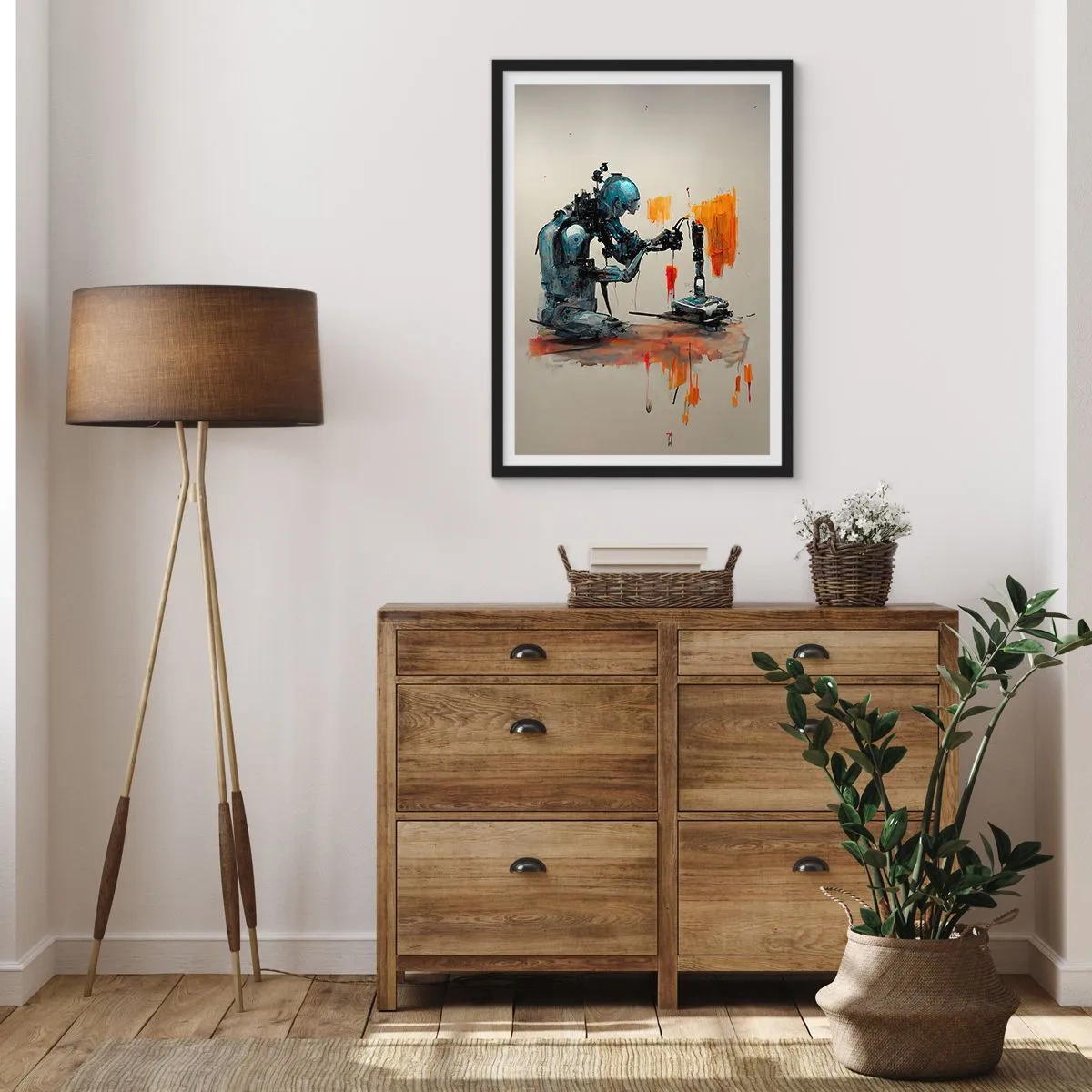 Poster in einem schwarzem Rahmen - Ein kybernetischer Roboter beim Schaffen von Kunst. - 50x70cm - Schon morgen… - Moderne Wanddekoration für Wohnzimmer und Schlafzimmer ARTTOR