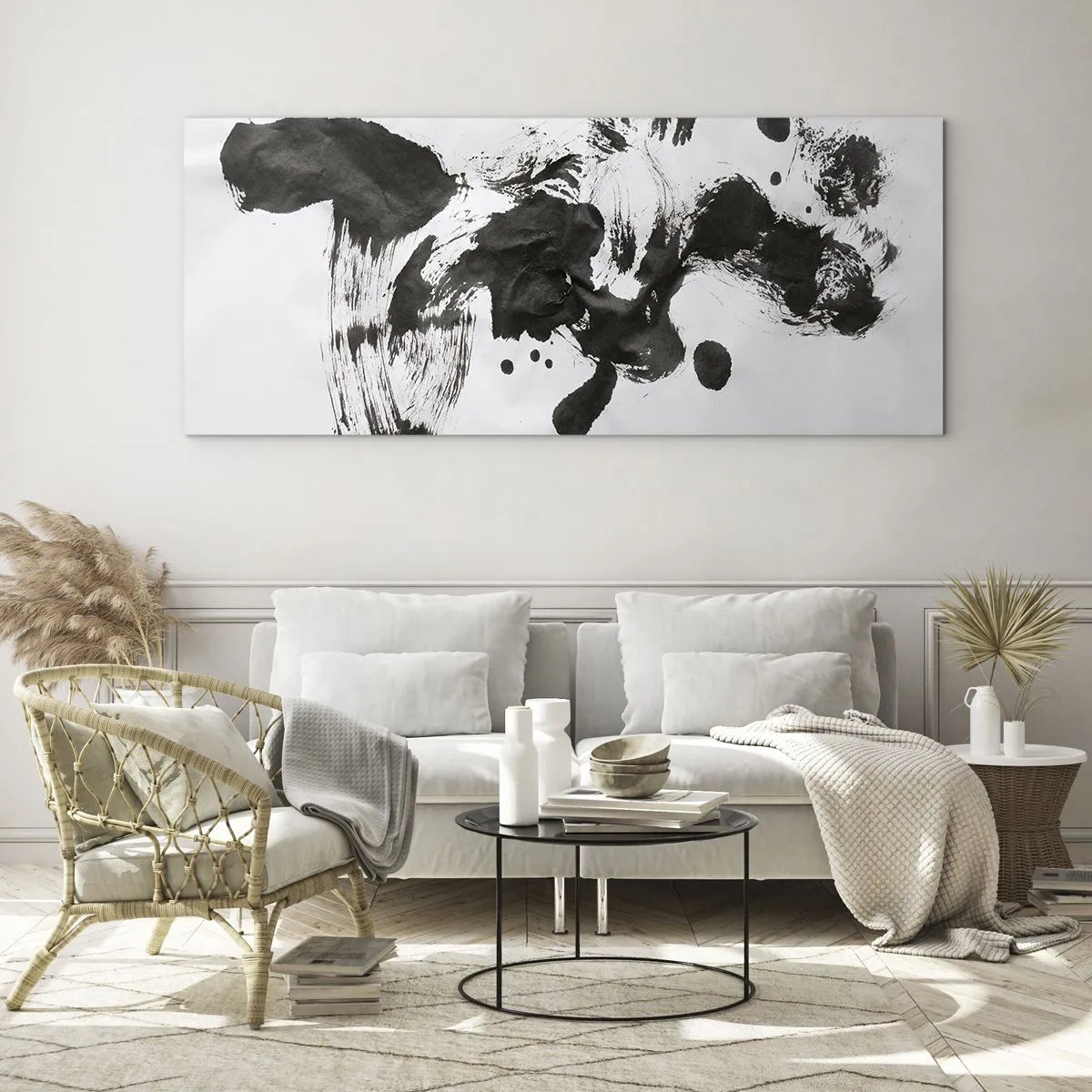 Glasbild - Bild auf glas - Abstrakte Komposition aus schwarzen Flecken auf weißem Hintergrund - 160x50cm - Obwohl das Wahnsinn ist, steckt darin eine Methode? - Moderne Wanddekoration für Wohnzimmer und Schlafzimmer ARTTOR