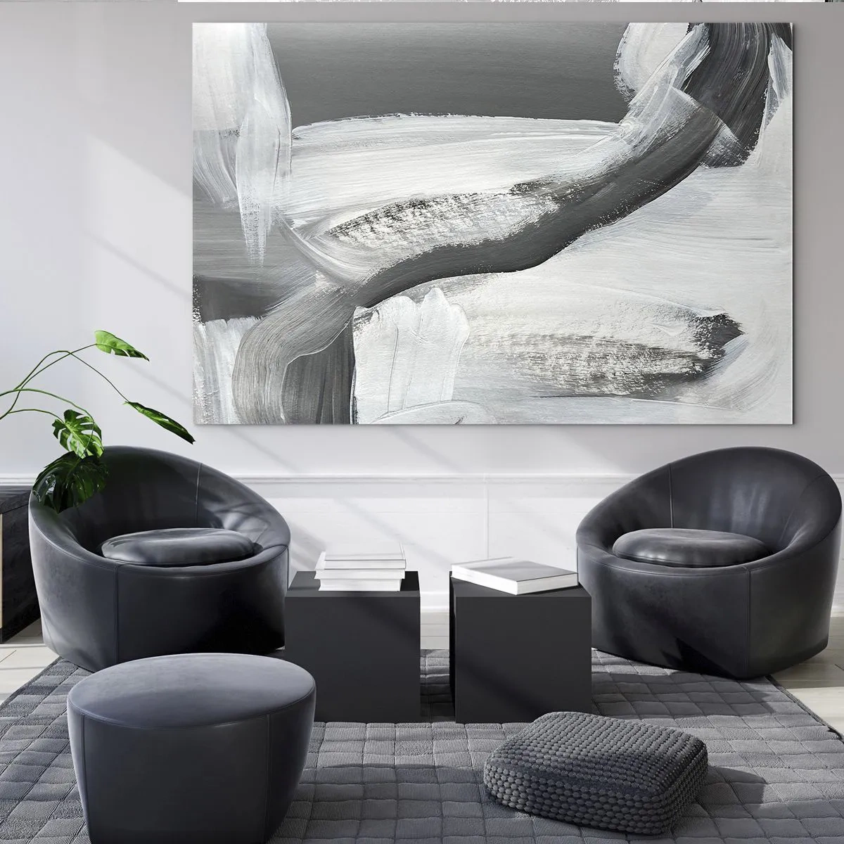 Glasbild - Bild auf glas - Schwarz-Weiß-Abstraktion mit dynamischen Pinselstrichen. - 70x50cm - Entscheidender Schritt - Moderne Wanddekoration für Wohnzimmer und Schlafzimmer ARTTOR