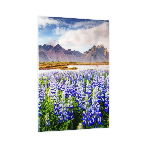 Glasbild - Bild auf glas - Blumen in einer Berglandschaft mit malerischem Himmel - 70x100cm - Kraft und Strenge neben Sanftmut - Moderne Wanddekoration für Wohnzimmer und Schlafzimmer ARTTOR