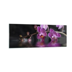 Glasbild - Bild auf glas - Lila Orchideen über ruhigem Wasser vor schwarzem Hintergrund - 140x50cm - Lila Spiegelbild der Schönheit - Moderne Wanddekoration für Wohnzimmer und Schlafzimmer ARTTOR