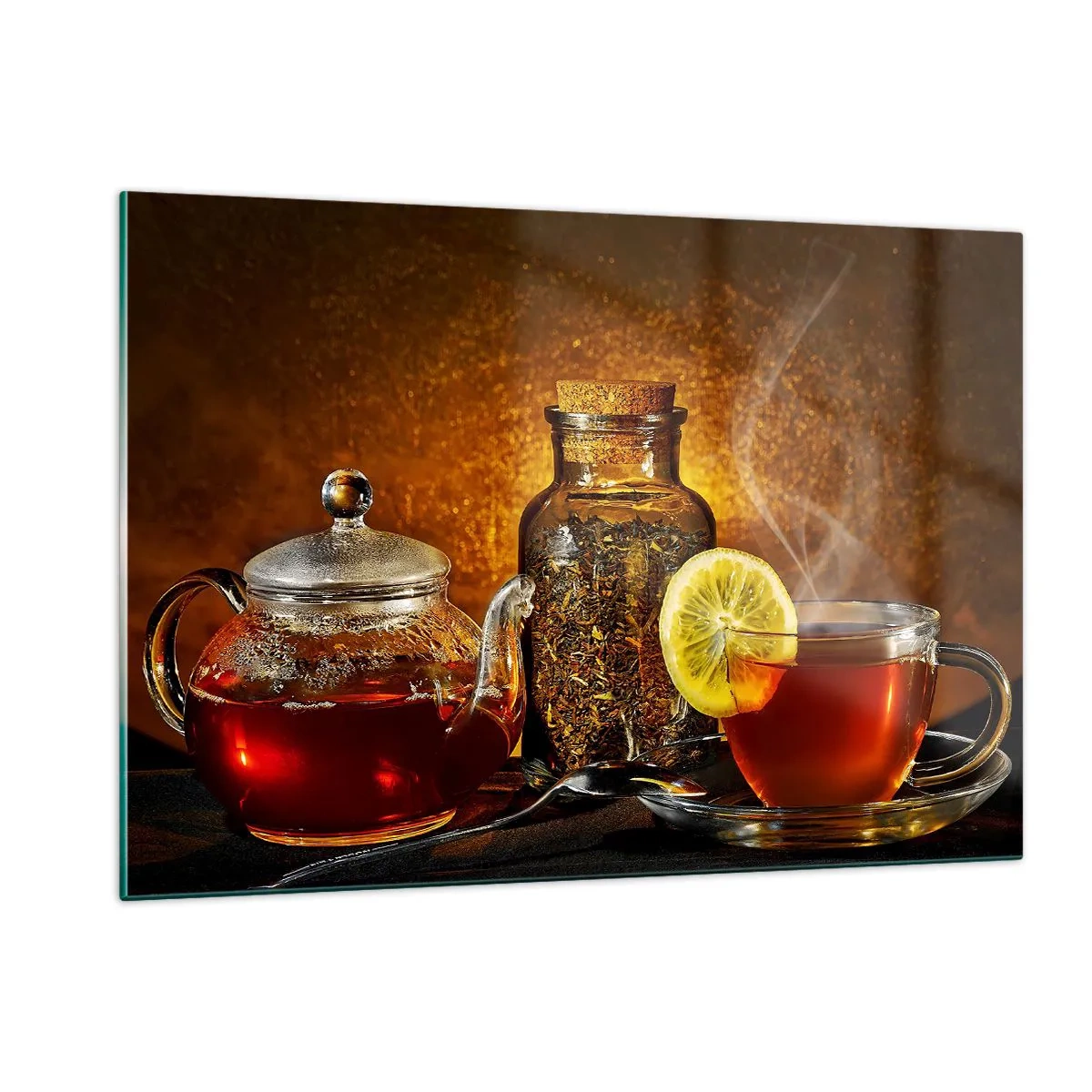 Glasbild - Bild auf glas - Eine Teekanne aus Glas und eine Tasse Tee mit Zitrone - 120x80cm - Im Stil der niederländischen Meister - Moderne Wanddekoration für Wohnzimmer und Schlafzimmer ARTTOR