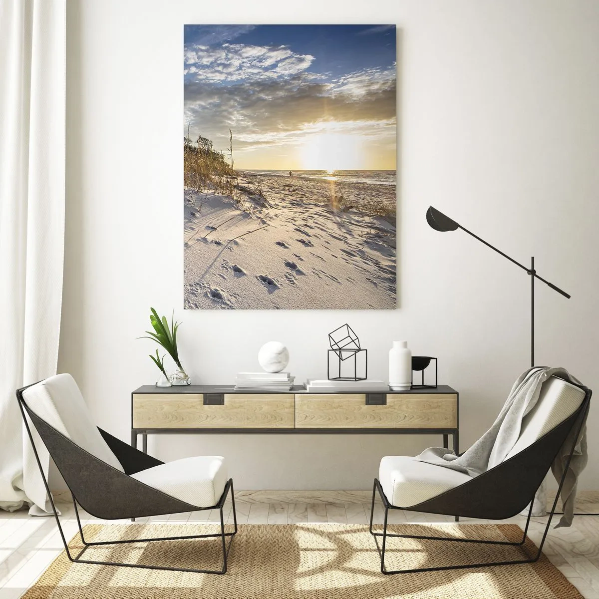 Glasbild - Bild auf glas - Sandstrand bei Sonnenuntergang mit Gräsern an der Düne - 50x70cm - Einladung zu einem Spaziergang - Moderne Wanddekoration für Wohnzimmer und Schlafzimmer ARTTOR