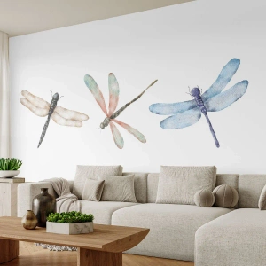 Fototapete Standard Eco - Drei Libellen in Pastellfarben auf weißem Hintergrund - 100x70cm - Schwerelose Libellen - Moderne Wanddekoration für Wohnzimmer und Schlafzimmer ARTTOR