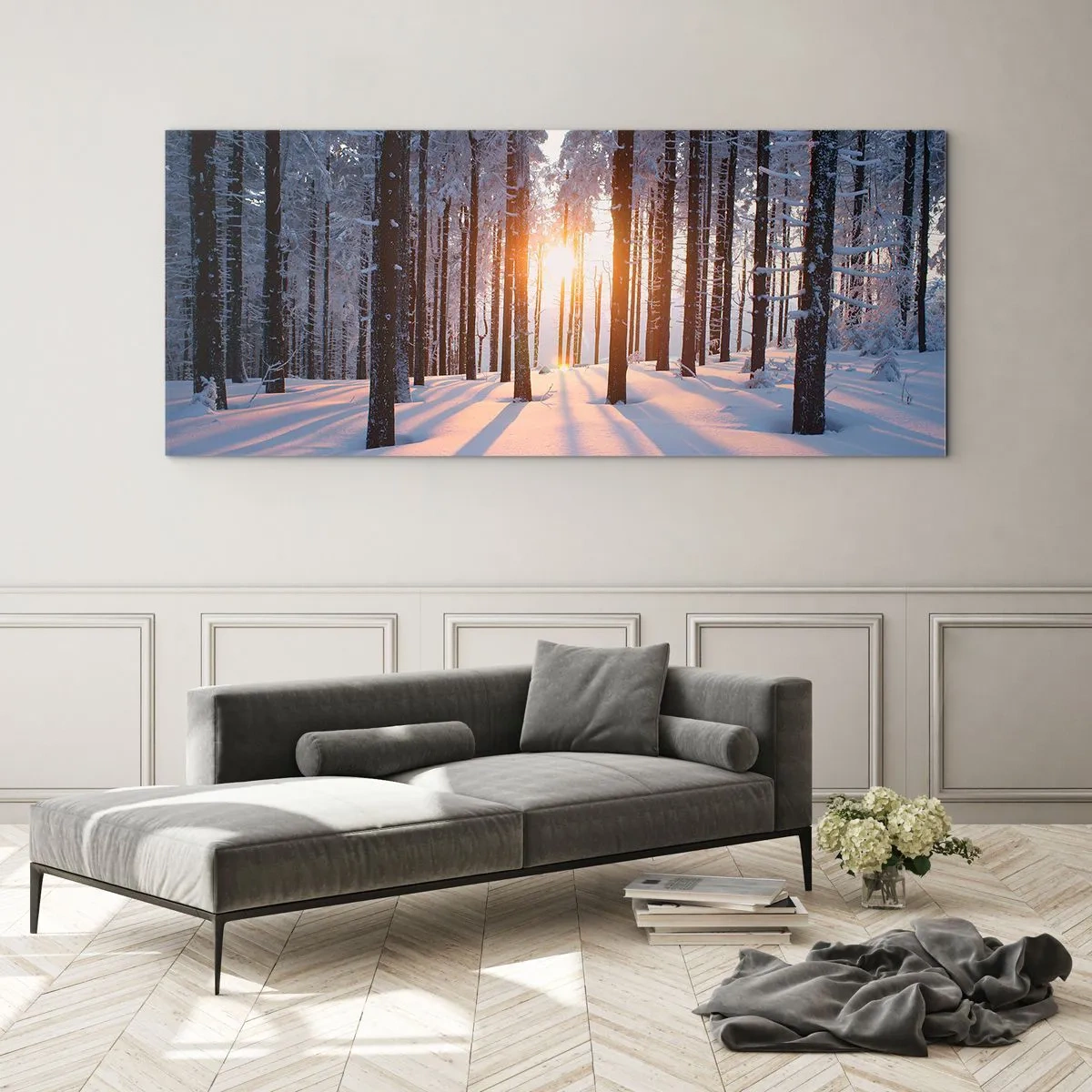 Glasbild - Bild auf glas - Winterwald, beleuchtet von den Sonnenstrahlen - 140x50cm - Ganz klar schwarz auf weiß - Moderne Wanddekoration für Wohnzimmer und Schlafzimmer ARTTOR