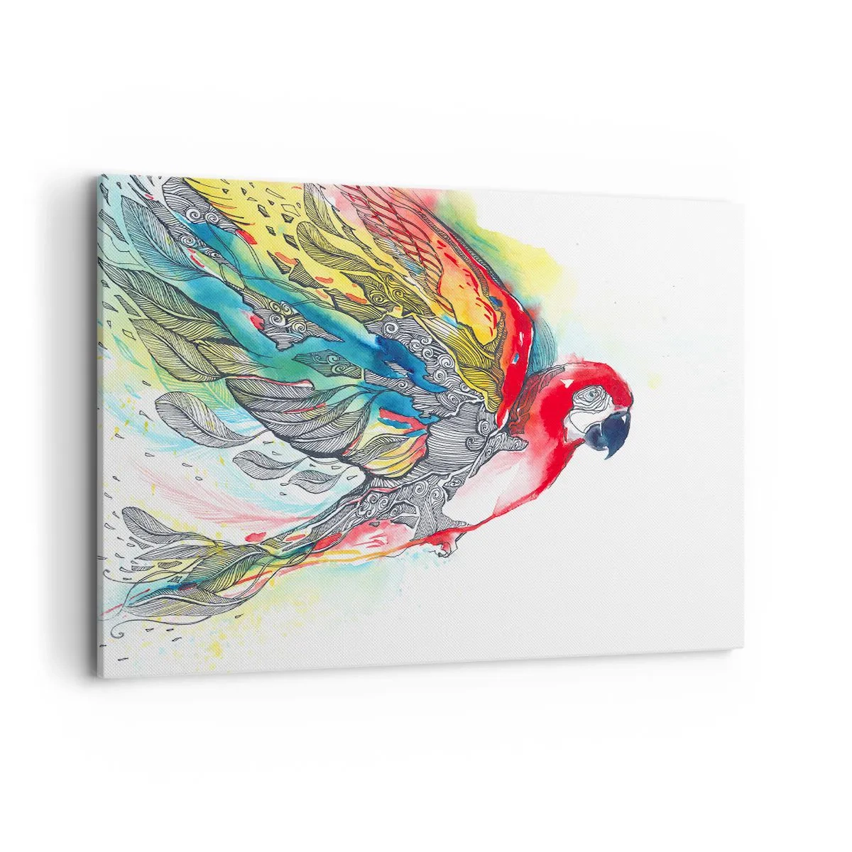 Bild auf Leinwand - Leinwandbild - Ein bunter Papagei im Flug mit abstrakten Mustern auf seinen Flügeln. - 120x80cm - Leben Sie bunt - Moderne Wanddekoration für Wohnzimmer und Schlafzimmer ARTTOR