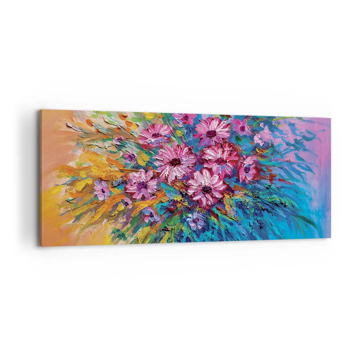 Bild auf Leinwand - Leinwandbild - Bunte Blumen in einem Strauß vor pastellfarbenem Hintergrund - 120x50cm - Lebensenergie - Moderne Wanddekoration für Wohnzimmer und Schlafzimmer ARTTOR