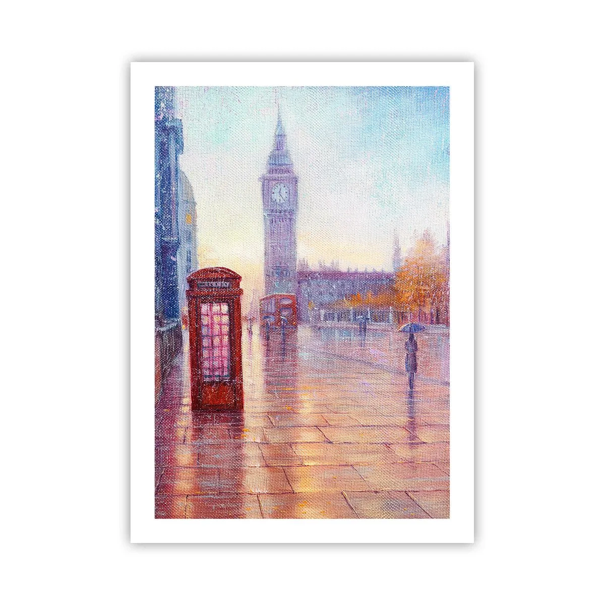 Poster - Big Ben und die rote Telefonzelle an einem regnerischen Tag - 50x70cm - Londoner Herbsttag - Moderne Wanddekoration für Wohnzimmer und Schlafzimmer ARTTOR