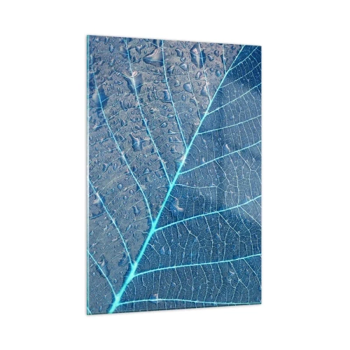 Glasbild - Bild auf glas - Makrofotografie eines Blattes mit Wassertropfen in Blautönen - 50x70cm - Leben in Blau - Moderne Wanddekoration für Wohnzimmer und Schlafzimmer ARTTOR