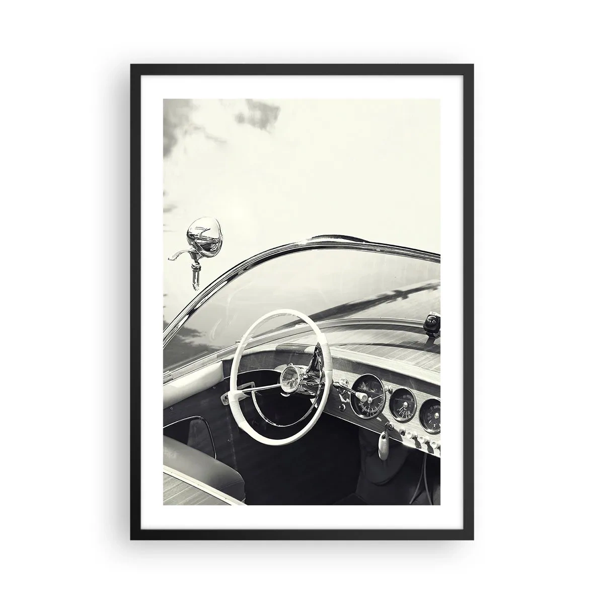 Poster in einem schwarzem Rahmen - Innenraum eines Oldtimers mit Lenkrad - 50x70cm - Wetter für die Reichen - Moderne Wanddekoration für Wohnzimmer und Schlafzimmer ARTTOR