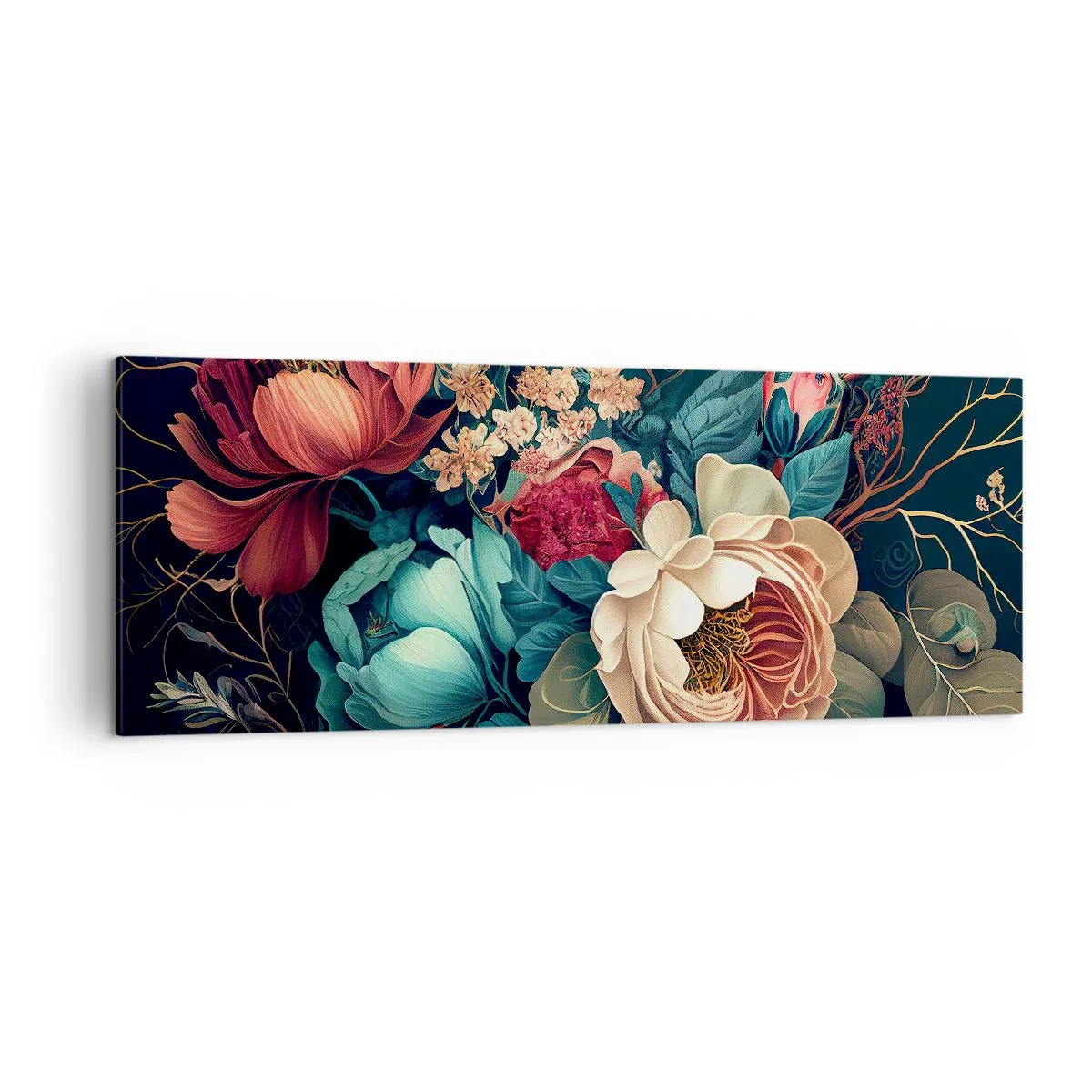 Bild auf Leinwand - Leinwandbild - Eine farbenfrohe Blumenkomposition auf dunklem Hintergrund - 140x50cm - Charme des 19. Jahrhunderts - Moderne Wanddekoration für Wohnzimmer und Schlafzimmer ARTTOR