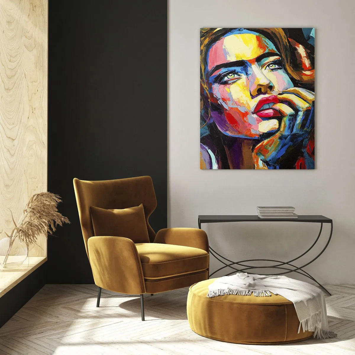 Glasbild - Bild auf glas - Farbenfrohes Frauenporträt im expressionistischen Stil - 70x100cm - Träume fliegen am Himmel wie Vögel - Moderne Wanddekoration für Wohnzimmer und Schlafzimmer ARTTOR