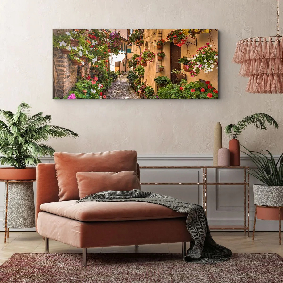 Bild auf Leinwand - Leinwandbild - Eine bezaubernde Straße voller Blumen und Blumentöpfe - 120x50cm - Italienische Gasse - Moderne Wanddekoration für Wohnzimmer und Schlafzimmer ARTTOR