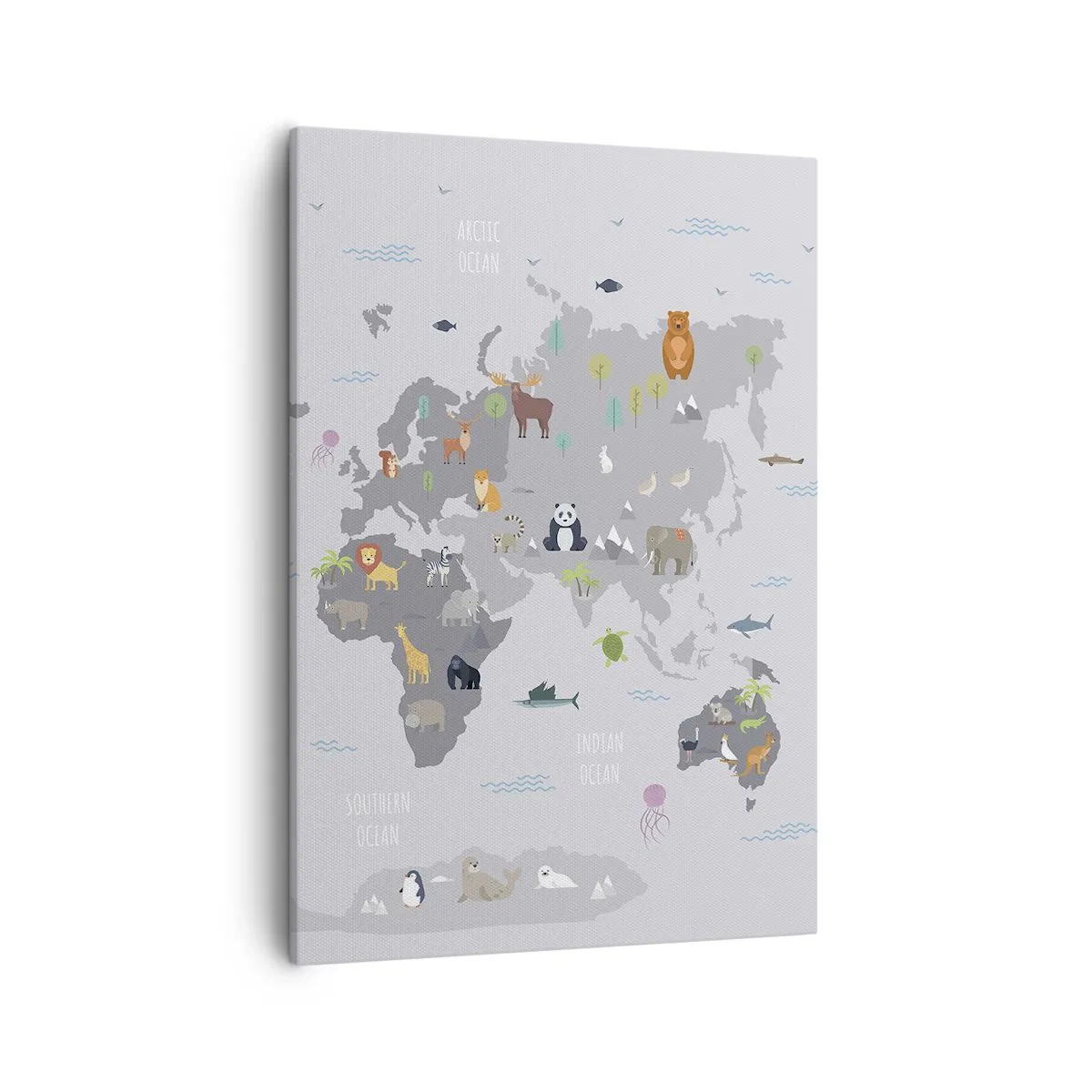Bild auf Leinwand - Leinwandbild - Eine Weltkarte mit Tierillustrationen auf grauem Hintergrund - 50x70cm - Sag mir wo du herkommst ... - Moderne Wanddekoration für Wohnzimmer und Schlafzimmer ARTTOR