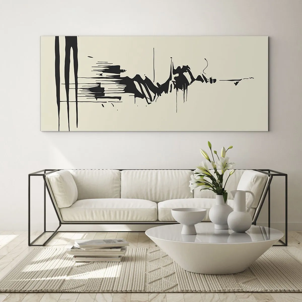 Glasbild - Bild auf glas - Minimalistische Abstraktion mit schwarzen Linien auf hellem Hintergrund - 140x50cm - Hastige Abstraktion - Moderne Wanddekoration für Wohnzimmer und Schlafzimmer ARTTOR