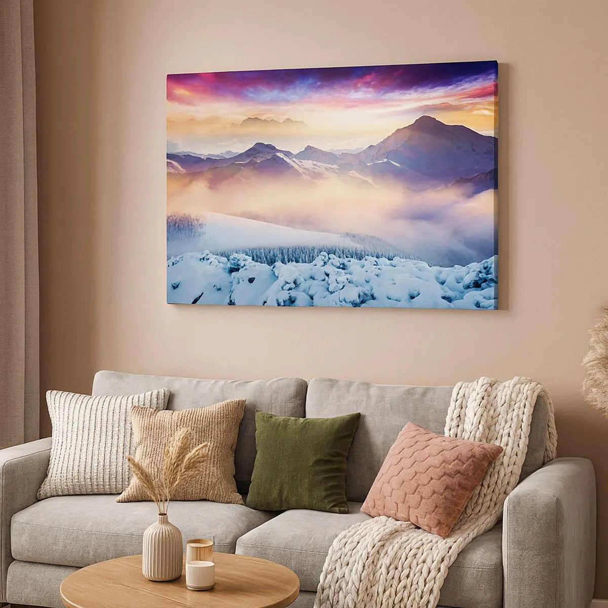 Bild auf Leinwand - Leinwandbild - Schneebedeckte Berge im Morgengrauen mit einem farbenfrohen Himmel - 70x50cm - Die Kraft und Reinheit der Natur - Moderne Wanddekoration für Wohnzimmer und Schlafzimmer ARTTOR