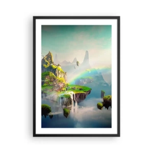 Poster in einem schwarzem Rahmen - Eine zauberhafte Landschaft mit Bergen, einem Regenbogen und einem Wasserfall - 50x70cm - Mitten am Himmel - glückliche Inseln - Moderne Wanddekoration für Wohnzimmer und Schlafzimmer ARTTOR