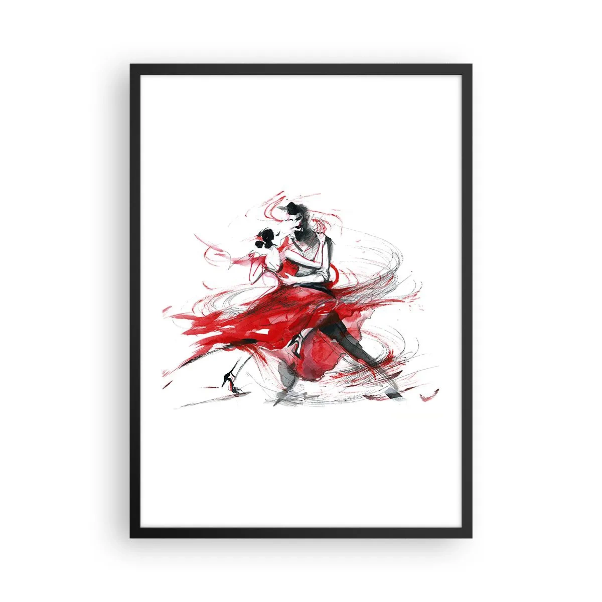 Poster in einem schwarzem Rahmen - Ein Paar tanzt Tango mit dynamischen roten Akzenten - 50x70cm - Tango – der Rhythmus der Leidenschaft - Moderne Wanddekoration für Wohnzimmer und Schlafzimmer ARTTOR