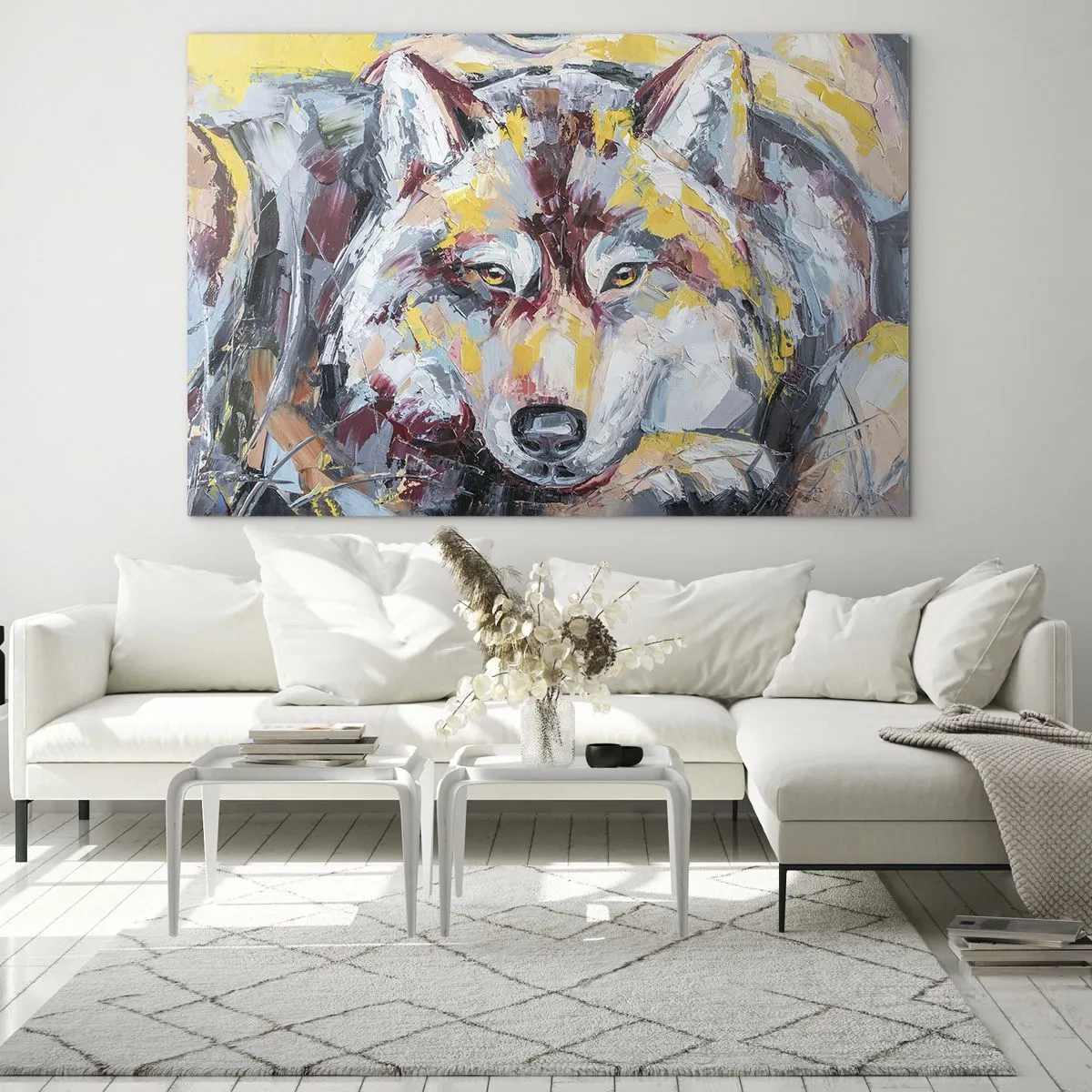Glasbild - Bild auf glas - Farbenfrohes Wolfsportrait im expressionistischen Stil - 100x70cm - Seelenfrieden unter den Lieben - Moderne Wanddekoration für Wohnzimmer und Schlafzimmer ARTTOR