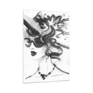 Glasbild - Bild auf glas - Schwarz-Weiß-Porträt einer Frau mit Hut - 50x70cm - Eine Dame mit Charakter - Moderne Wanddekoration für Wohnzimmer und Schlafzimmer ARTTOR