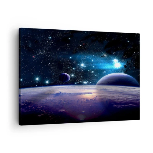 Bild auf Leinwand - Leinwandbild - Ein Blick in den Weltraum mit Planeten und Sternen - 70x50cm - Noch allein? - Moderne Wanddekoration für Wohnzimmer und Schlafzimmer ARTTOR
