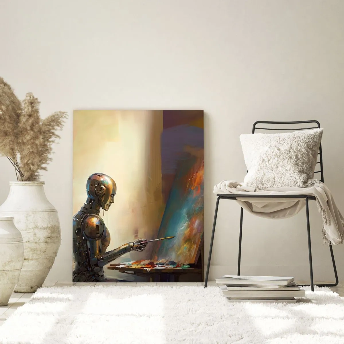 Glasbild - Bild auf glas - Ein Roboter, der im künstlerischen Stil auf einer Leinwand malt - 70x100cm - Die Kunst der Zukunft - Moderne Wanddekoration für Wohnzimmer und Schlafzimmer ARTTOR