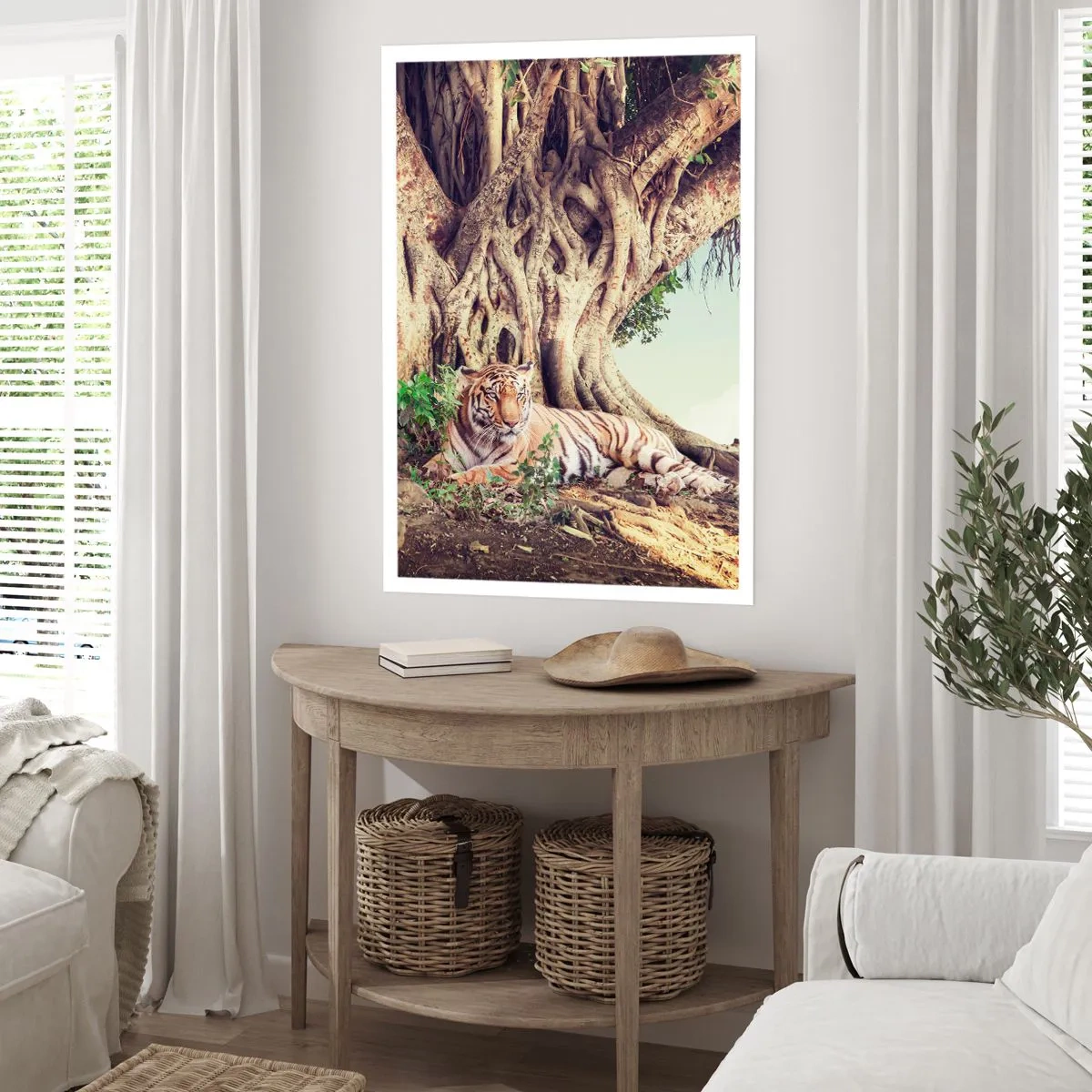 Poster - Ein Tiger ruht unter einem riesigen Baum mit verschlungenen Wurzeln. - 50x70cm - Blick aus dem Buch Genesis - Moderne Wanddekoration für Wohnzimmer und Schlafzimmer ARTTOR