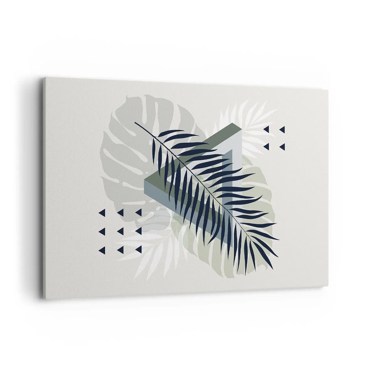 Bild auf Leinwand - Leinwandbild - Geometrische Komposition mit tropischen Blättern in Grüntönen - 120x80cm - Natur und Geometrie – zwei Ordnungen? - Moderne Wanddekoration für Wohnzimmer und Schlafzimmer ARTTOR
