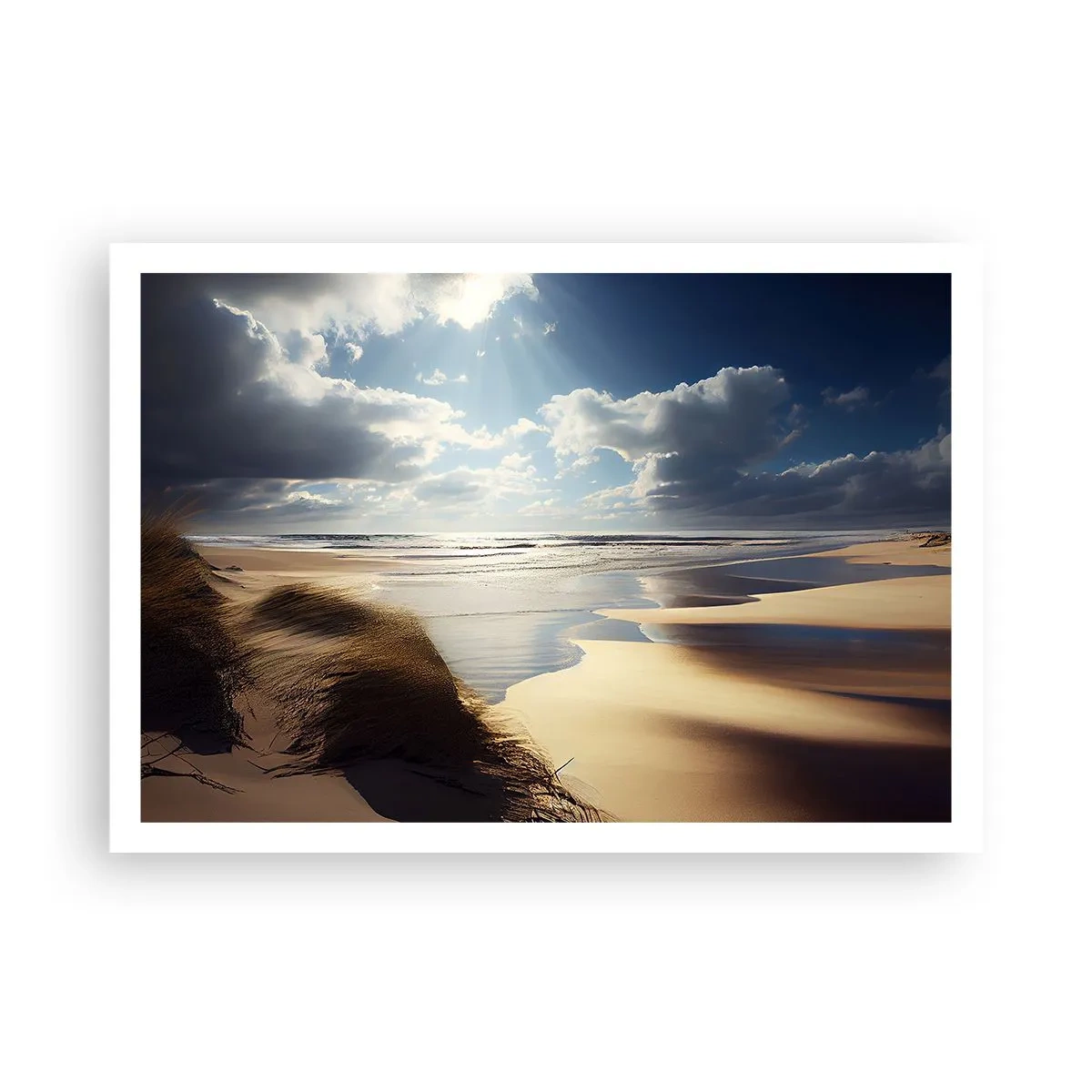 Poster - Ein wilder Strand mit Dünen und blauem Himmel - 100x70cm - Strand, wilder Strand - Moderne Wanddekoration für Wohnzimmer und Schlafzimmer ARTTOR