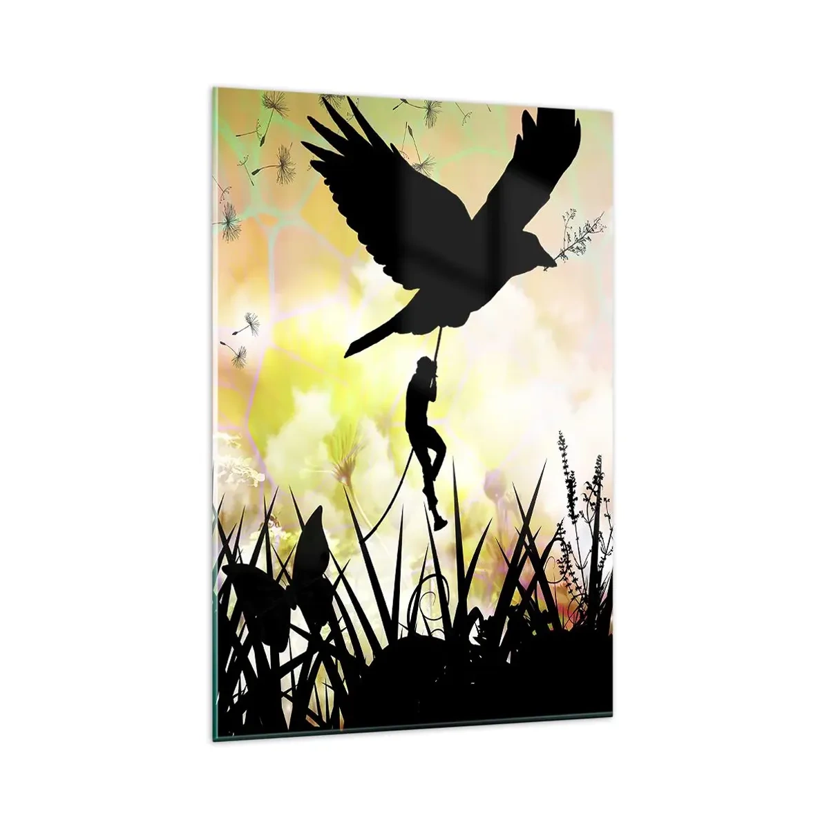 Glasbild - Bild auf glas - Natursilhouette mit einem Vogel und einem Löwenzahn - 80x120cm - In märchenhafter Atmosphäre - Moderne Wanddekoration für Wohnzimmer und Schlafzimmer ARTTOR
