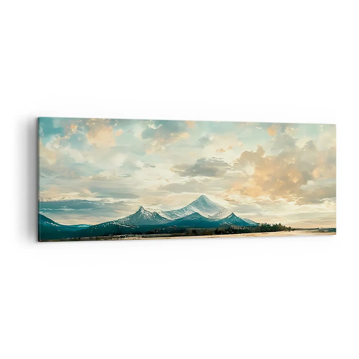 Bild auf Leinwand - Leinwandbild - Eine malerische Landschaft mit einem Berg und einem ruhigen See - 140x50cm - Unter dem Schutz des Himmels - Moderne Wanddekoration für Wohnzimmer und Schlafzimmer ARTTOR