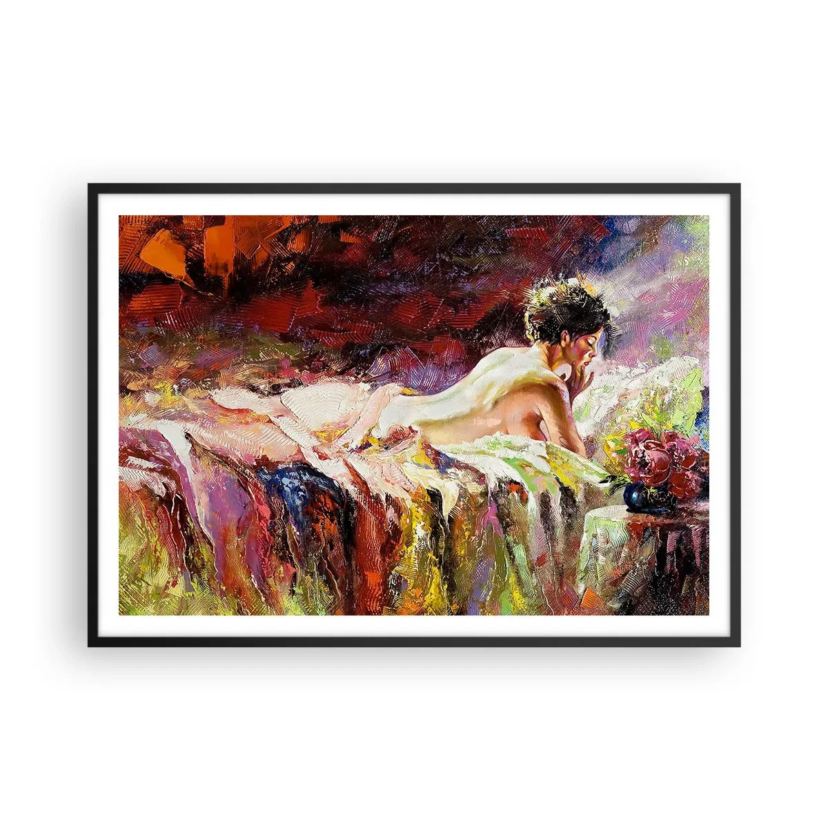 Poster in einem schwarzem Rahmen - Eine Frau liegt auf einem Bett vor einem Hintergrund aus abstrakten Farben. - 100x70cm - Venus in Gedanken - Moderne Wanddekoration für Wohnzimmer und Schlafzimmer ARTTOR
