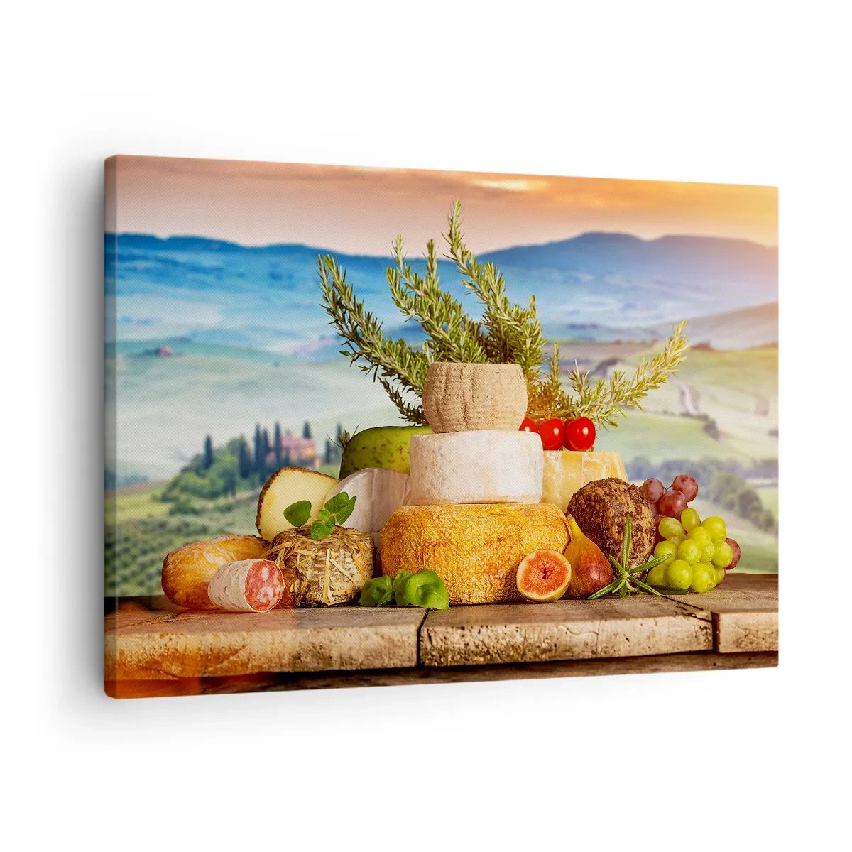 Bild auf Leinwand - Leinwandbild - Eine Komposition aus Käse und Früchten vor der Kulisse der toskanischen Landschaft - 70x50cm - Die italienische Lebensfreude - Moderne Wanddekoration für Wohnzimmer und Schlafzimmer ARTTOR