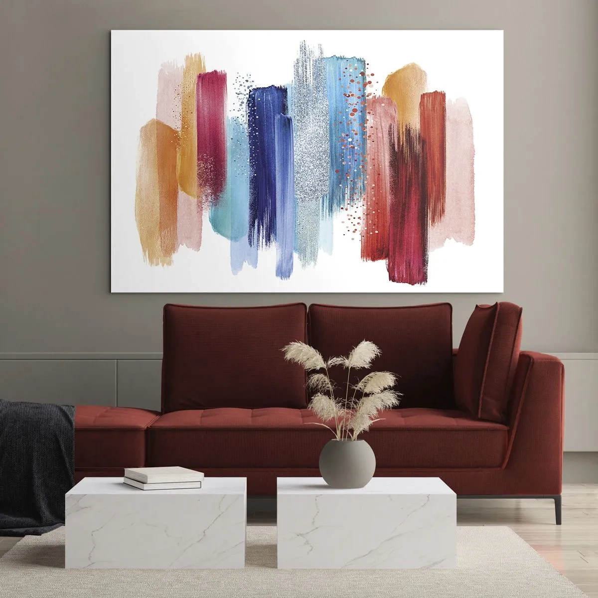 Glasbild - Bild auf glas - Abstrakte Komposition aus bunten Pinselstrichen - 70x50cm - Auf und ab - Moderne Wanddekoration für Wohnzimmer und Schlafzimmer ARTTOR