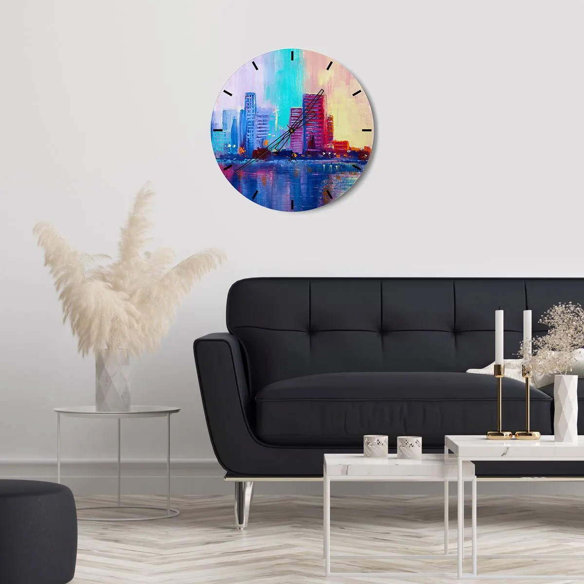 Wanduhr - Glasuhr - Ein farbenfrohes Panorama der Stadt, beleuchtet von der untergehenden Sonne - 30x30cm - In Farben getaucht - Moderne Wanddekoration für Wohnzimmer, Küche und Schlafzimmer ARTTOR