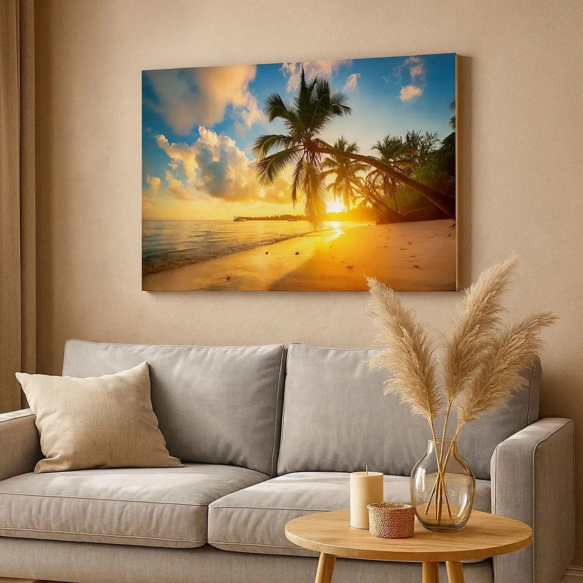 Bild auf Leinwand - Leinwandbild - Sonnenuntergang am Strand mit Palmen an der Küste - 70x50cm - Karibischer Traum - Moderne Wanddekoration für Wohnzimmer und Schlafzimmer ARTTOR