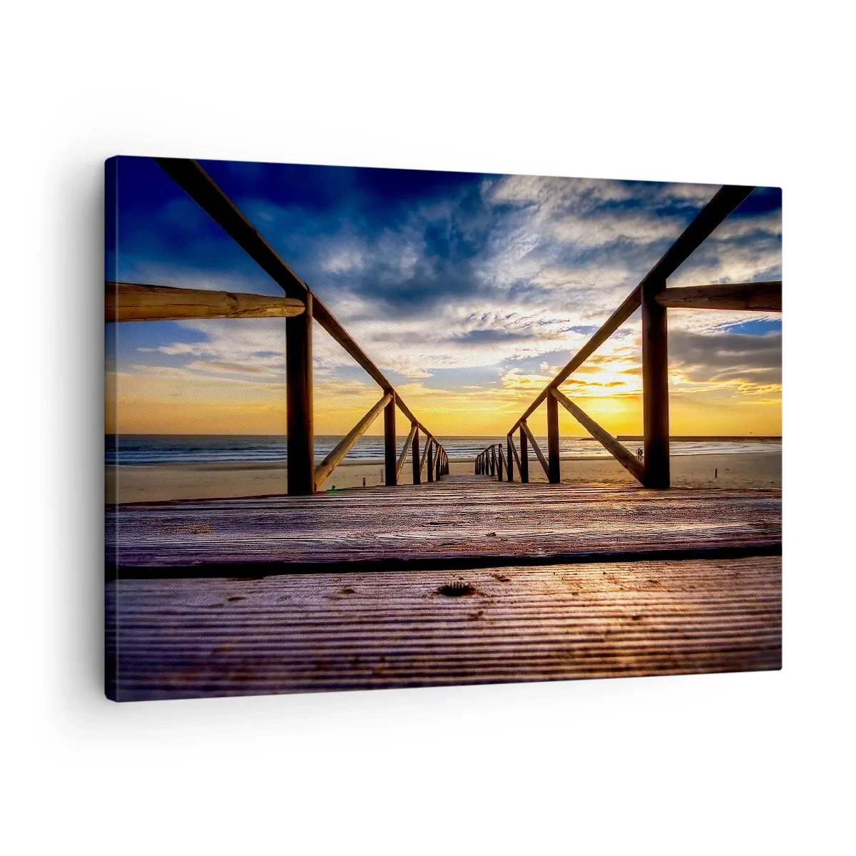 Bild auf Leinwand - Leinwandbild - Holzsteg zum Strand bei Sonnenuntergang - 70x50cm - Direkt zum ruhigen Strand bei Sonnenuntergang - Moderne Wanddekoration für Wohnzimmer und Schlafzimmer ARTTOR