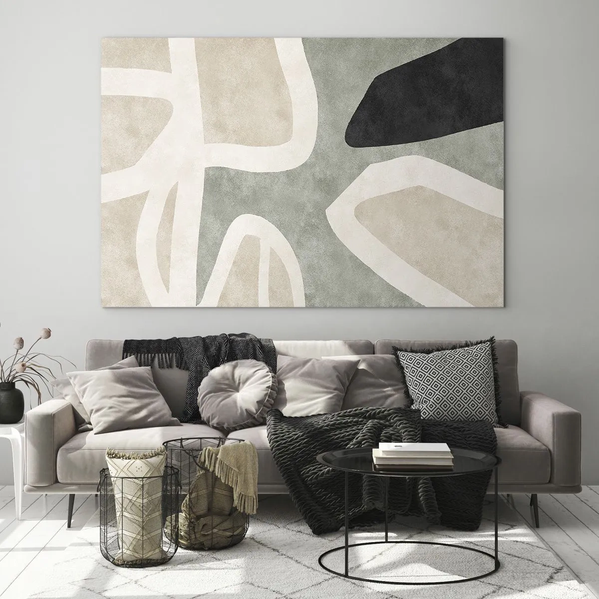 Glasbild - Bild auf glas - Abstrakte Formen in Beige und Grün mit einem Hauch von Schwarz - 70x50cm - Komposition mit schwarzem Motiv - Moderne Wanddekoration für Wohnzimmer und Schlafzimmer ARTTOR