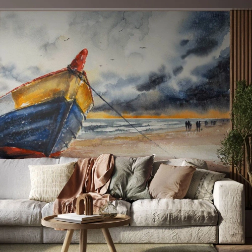 Maßgeschneiderte Fototapete Premium Canvas - Erholung am Ufer - Landschaft, Boot, Strand
