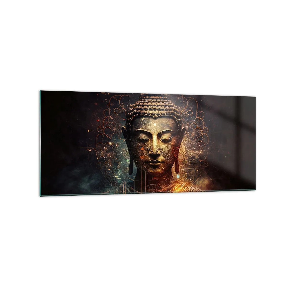 Glasbild - Bild auf glas - Goldener Buddha auf dunklem Hintergrund mit Ornamenten - 120x50cm - Spirituelles Gleichgewicht - Moderne Wanddekoration für Wohnzimmer und Schlafzimmer ARTTOR