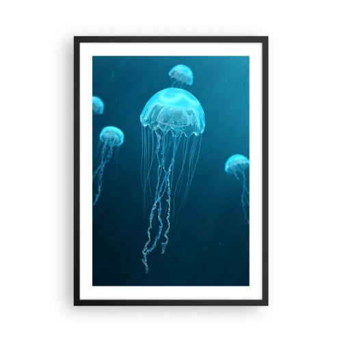 Poster in einem schwarzem Rahmen - Quallen schwimmen im blauen Ozeanwasser - 50x70cm - Ozeantanz - Moderne Wanddekoration für Wohnzimmer und Schlafzimmer ARTTOR