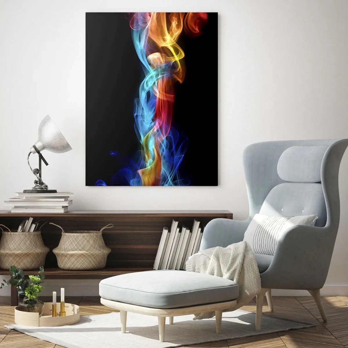 Glasbild - Bild auf glas - Bunte Rauchstreifen auf schwarzem Hintergrund erzeugen ein abstraktes Muster - 50x70cm - Regenbogentanz der Nebel - Moderne Wanddekoration für Wohnzimmer und Schlafzimmer ARTTOR