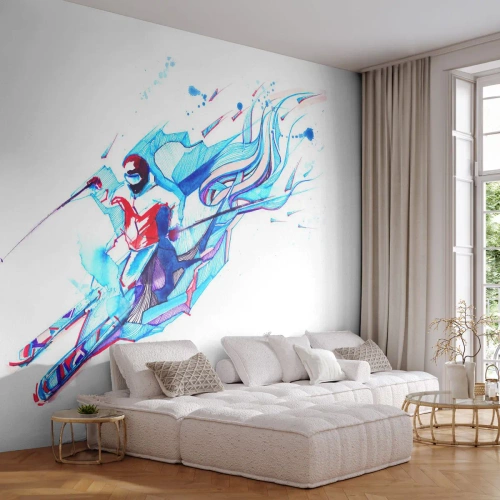 Fototapete Premium Sand - Ein Skifahrer in einer dynamischen Aquarellkomposition - 100x70cm - Verrückter Ansturm vor Freude - Moderne Wanddekoration für Wohnzimmer und Schlafzimmer ARTTOR