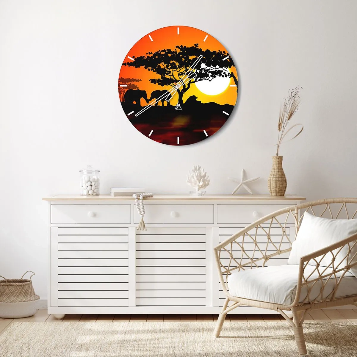 Wanduhr - Glasuhr - Afrikanische Landschaft mit Silhouetten von Bäumen und Tieren bei Sonnenuntergang - 30x30cm - Treffen in der Savanne - Moderne Wanddekoration für Wohnzimmer, Küche und Schlafzimmer ARTTOR