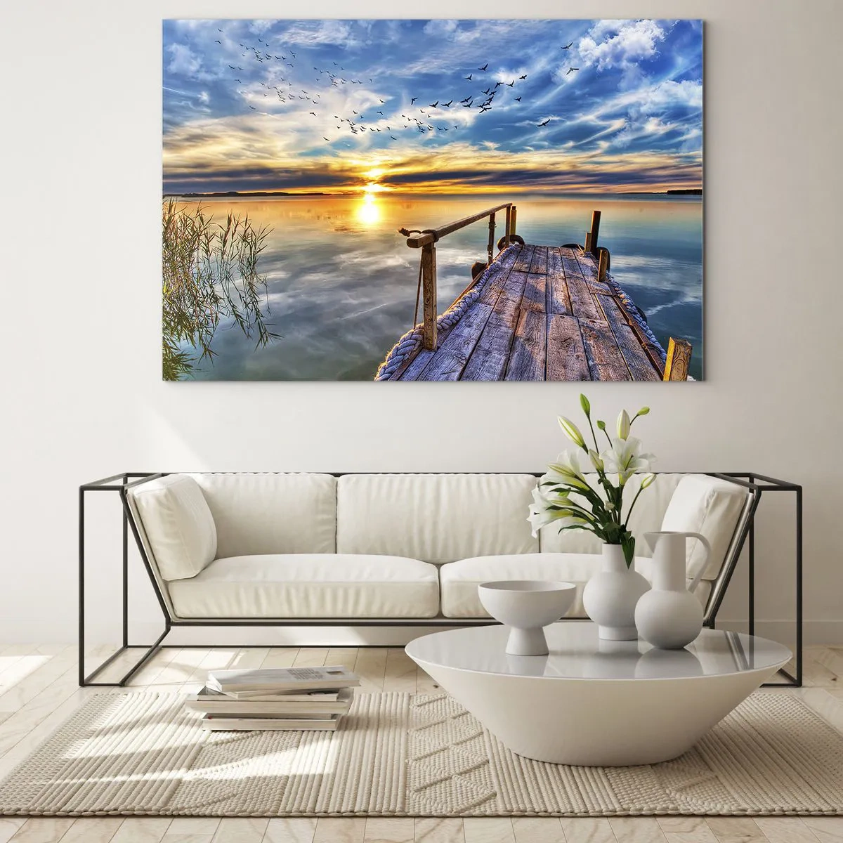 Glasbild - Bild auf glas - Lakeside Pier bei Sonnenuntergang mit Vögeln am Himmel - 120x80cm - Der Wind geht zur Ruhe - Moderne Wanddekoration für Wohnzimmer und Schlafzimmer ARTTOR