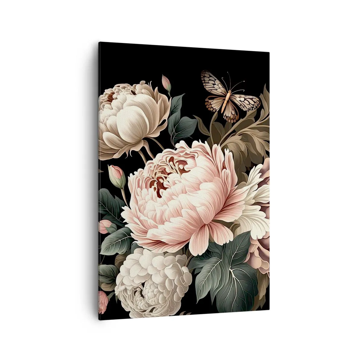 Bild auf Leinwand - Leinwandbild - Ein Strauß rosa Blumen und Schmetterlinge auf schwarzem Hintergrund - 70x100cm - Im Barockstil - Moderne Wanddekoration für Wohnzimmer und Schlafzimmer ARTTOR
