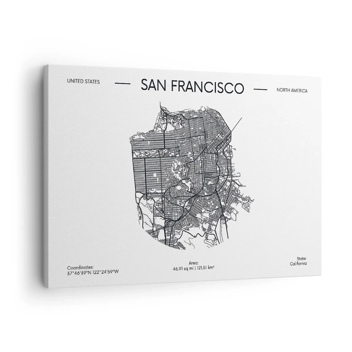 Bild auf Leinwand - Leinwandbild - Eine Karte von San Francisco im minimalistischen Schwarz-Weiß-Stil. - 70x50cm - Anatomie von San Francisco - Moderne Wanddekoration für Wohnzimmer und Schlafzimmer ARTTOR