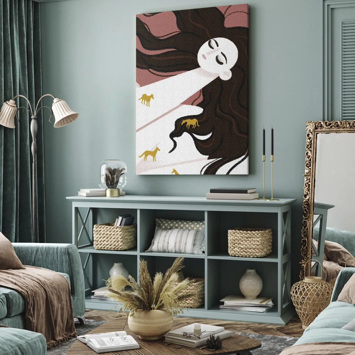 Bild auf Leinwand - Leinwandbild - Eine Figur mit geschlossenen Augen, umgeben von goldenen Pferden - 70x100cm - Traum von einem goldenen Pferd - Moderne Wanddekoration für Wohnzimmer und Schlafzimmer ARTTOR